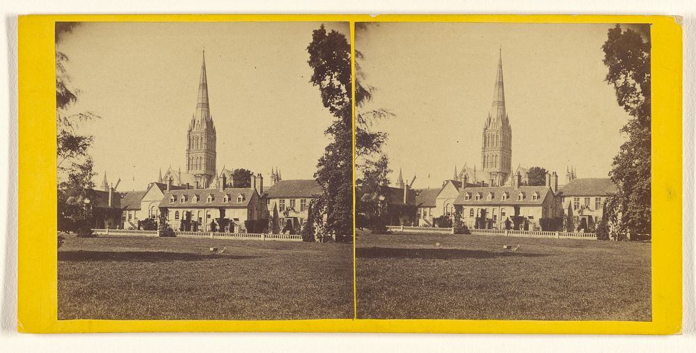 Salisbury Cathedral - South View from Palace Grounds, with Bishop's Palace. by J W Miell