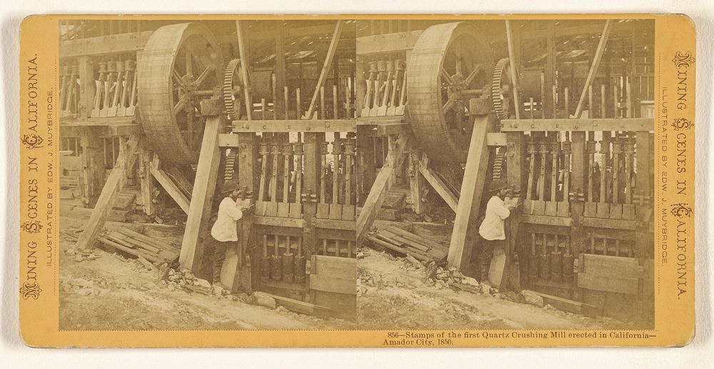 Stamps of the first Quartz Crushing Mill erected in California - Amador City, 1850. by Eadweard J Muybridge
