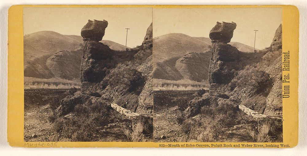 Mouth of Echo Canyon, Pulpit Rock and Weber River, looking West. by Eadweard J Muybridge