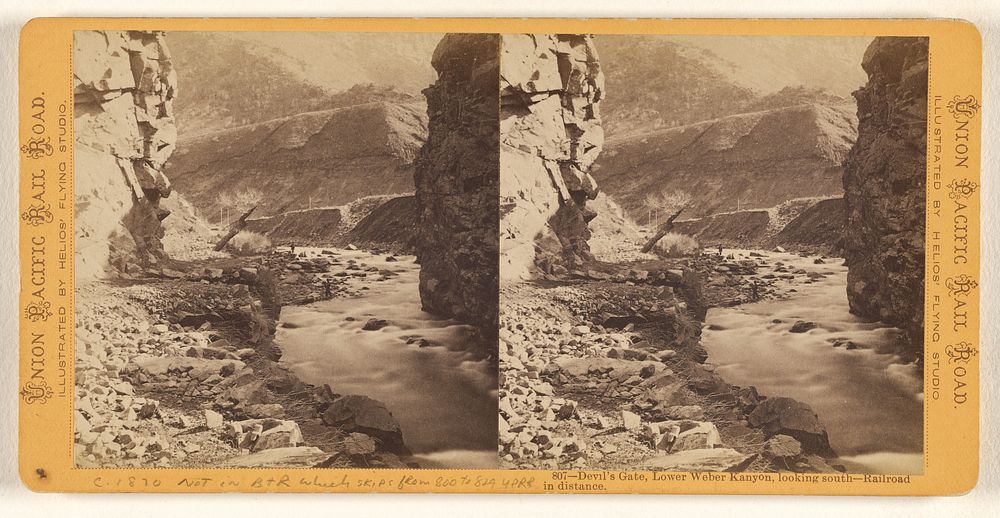 Devil's Gate, Lower Weber Kanyon [sic], looking south - Railroad in distance. by Eadweard J Muybridge