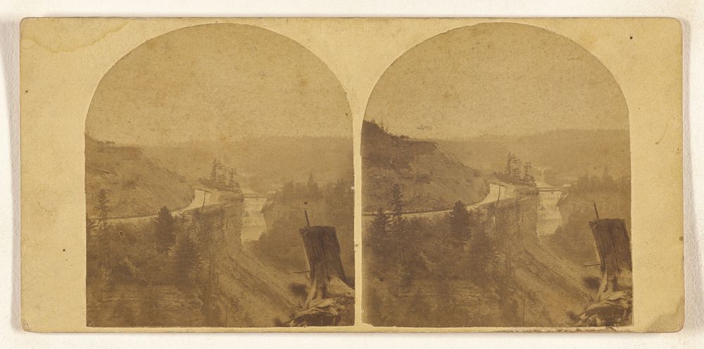 Genesee Falls, Portage, N.Y. View up the Genesee River from the High Bank below the Middle Falls. The Railroad…