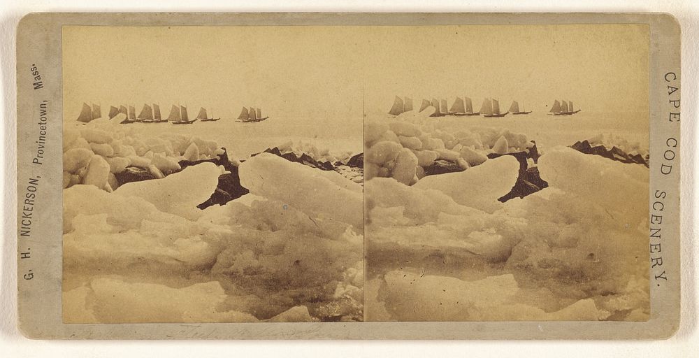 Blocks of ice, ships in background, Cape Cod by G H Nickerson