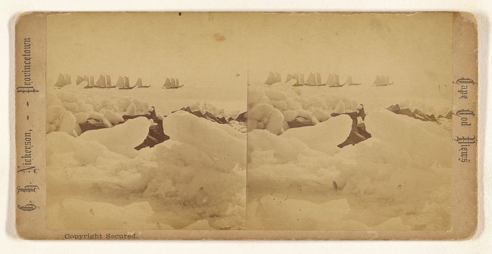 Ice Scenes, Cape Cod, Winter of 1875, Fishing Fleet off Long Point. by G H Nickerson