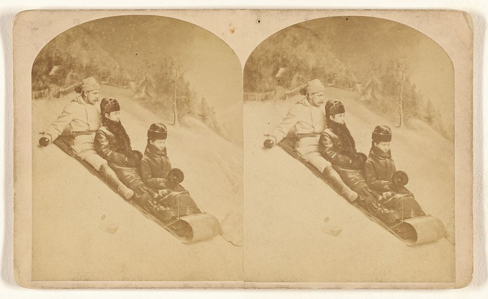 Three people bobsledding by William Notman
