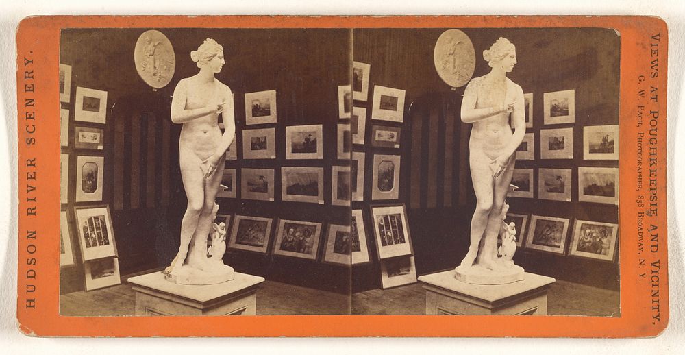Interior view of a gallery with sculpture and photographs on background walls, Poughkeepsie, New York by Gustavus W Pach
