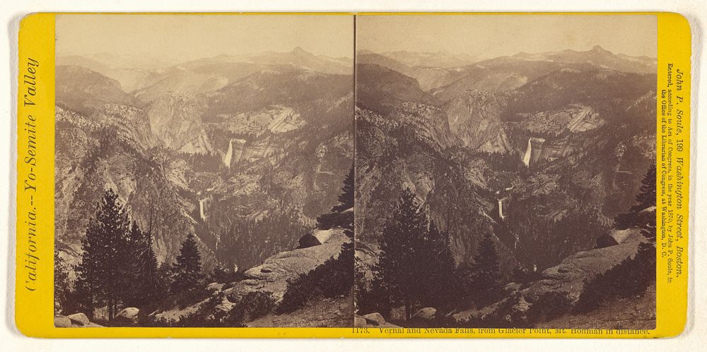 Vernal and Nevada Falls, from Glacier Point, Mt. Hoffman in distance. by John P Soule