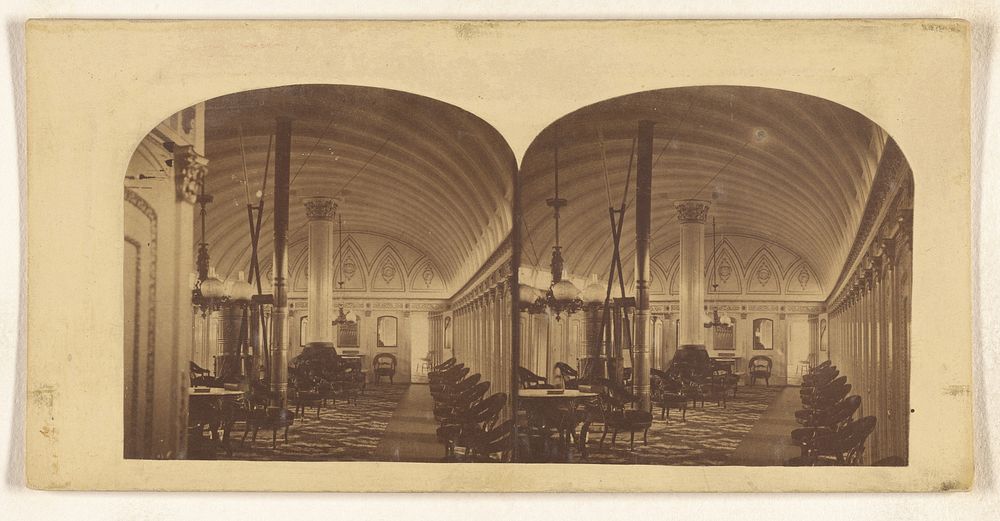 Interior of the Main Saloon of the Steamer Commonwealth, One of the floating palaces for which the American waters are so...…