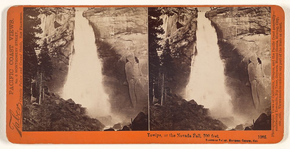 Yowiye, or the Nevada Fall, 700 feet, Yosemite Valley, Mariposa County, Cal. by Carleton Watkins and I W Taber