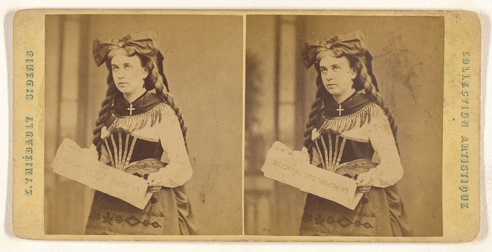 Young woman standing, holding a "La Republique Francaise" newspaper by E Thiébault