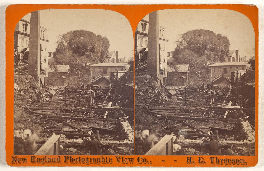 Fire at the Dexter Yarn Co., "Balling Room" Bldg on East Ave., Pawtucket, R.I., June 1883...Looking across the rear. by H E…
