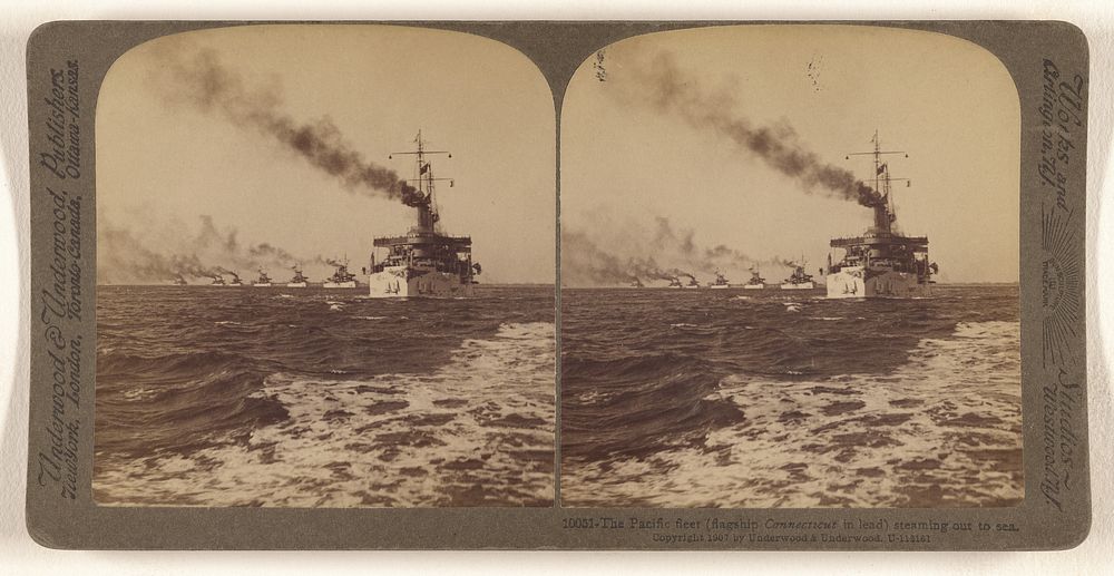 The Pacific fleet (flagship Connecticut in lead) steaming out to sea. by Underwood and Underwood