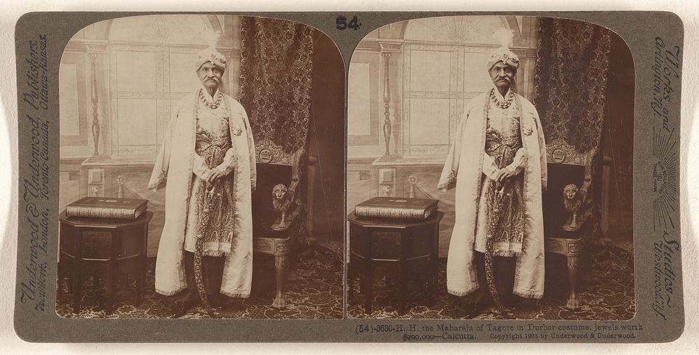 H.H. the Maharaja of Tagore in Durbar costume, jeweles worth $200,000 - Calcutta. by Underwood and Underwood