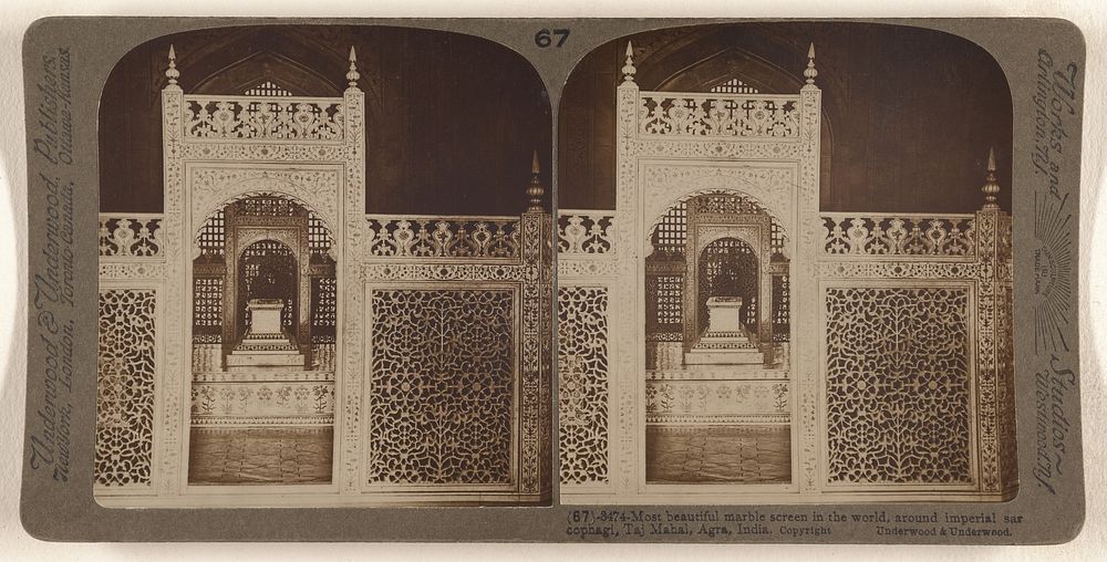 Most beautiful marble screen in the world, around imperial sar cophagi, Taj Mahal, Agra, India. by Underwood and Underwood
