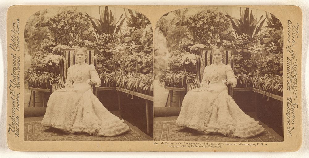 Mrs. McKinley in the Conservatory of the Executive Mansion, Washington, U.S.A. by Underwood and Underwood