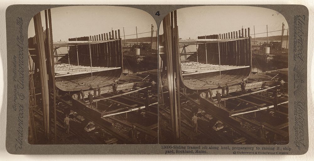 Sliding framed rib along keel, preparatory to raising it, ship yard, Rockland, Maine. by Underwood and Underwood