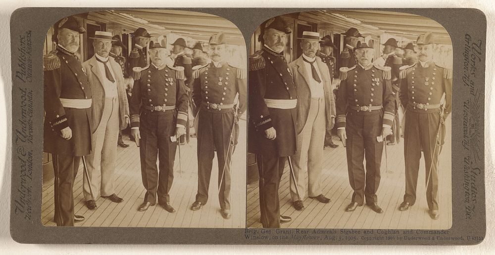 Brig. Gen Grant, Rear Admirals Sigsbee and Coghlan and Commander Winslow, on the Mayflower, Aug. 5, 1905. by Underwood and…