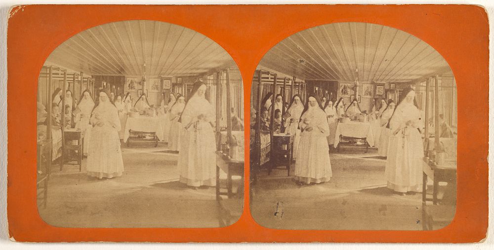 Interior of hospital with nuns by L P Vallée