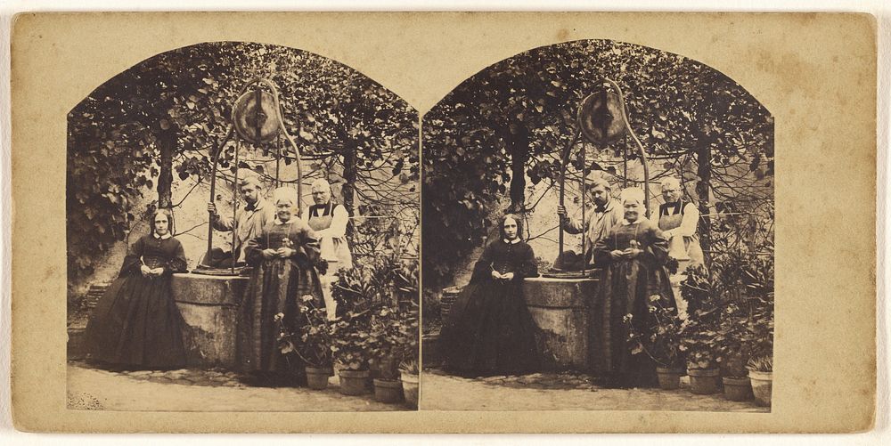 Young French couple and two elders standing in their garden near a well by Henry Van Der Helle