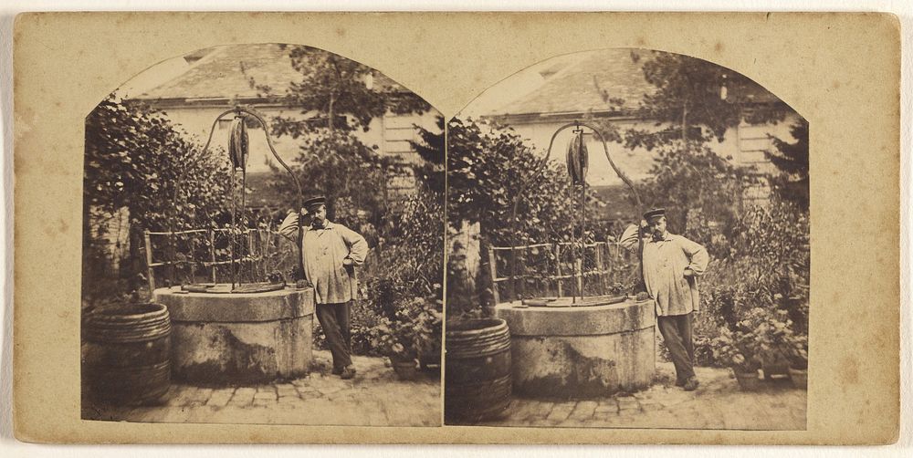 Man wearing cap standing in garden near a well by Henry Van Der Helle