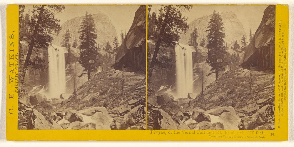 Piwyac, or the Vernal Fall and Mt. Broderick, 360 feet, Yosemite Valley, Mariposa County, Cal. by Carleton Watkins