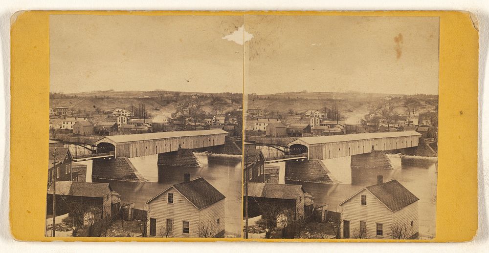 View of wood-covered train trestle, possibly at Amsterdam, New York