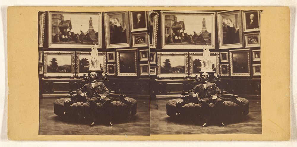Private residence art gallery with bearded, bald gentleman seated on circular couch, holding possibly a carte-de-visite album