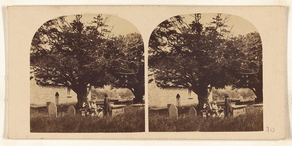 Cemetery with several people near tomb with large tree