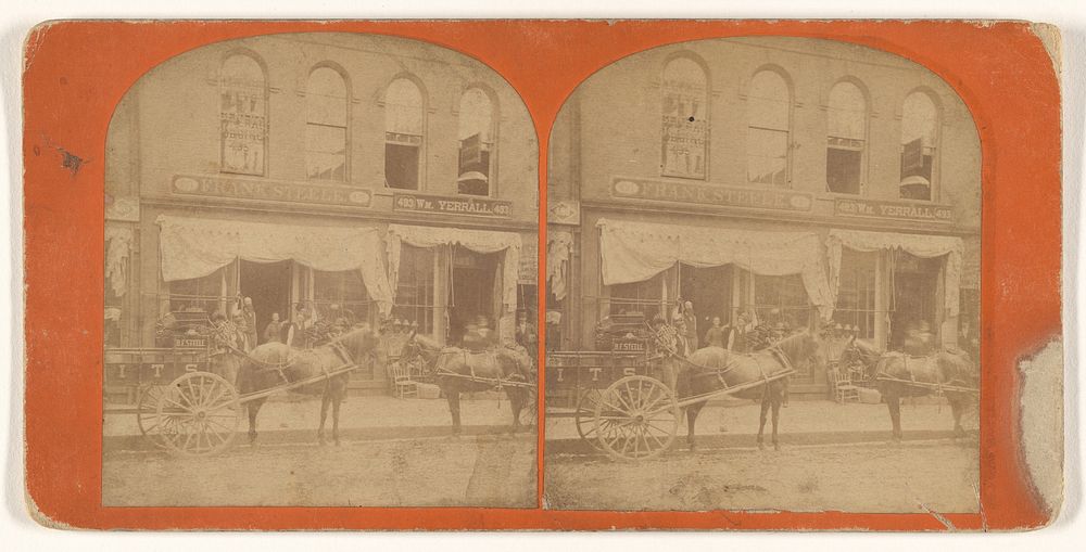 Two horse-drawn wagons in front of the building of the companies of Frank Steele and William Yerrall