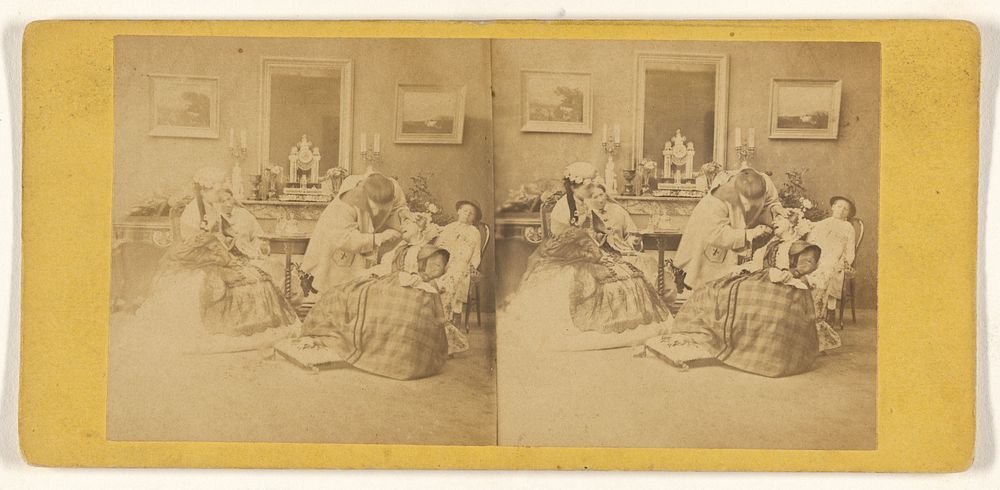 Man looking mouth of a woman in a parlor, other women observing