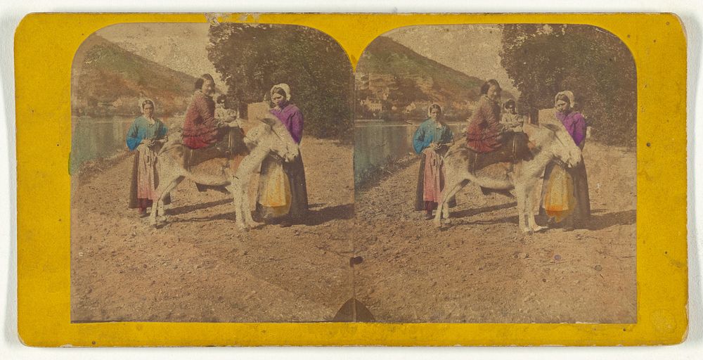 Women riding a donkey, three others observing