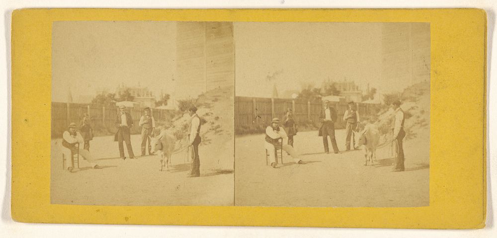 Men in a fenced area, ox-drawn cart being held by one man
