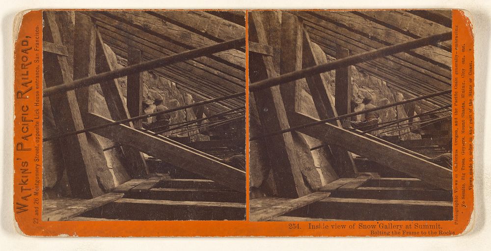 Inside view of Snow Gallery at Summit. Bolting the Frame to the Rocks. by Alfred A Hart