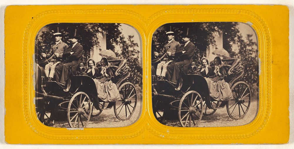 Two ladies in horse-drawn coach with two men in top hats as their drivers by LeBas