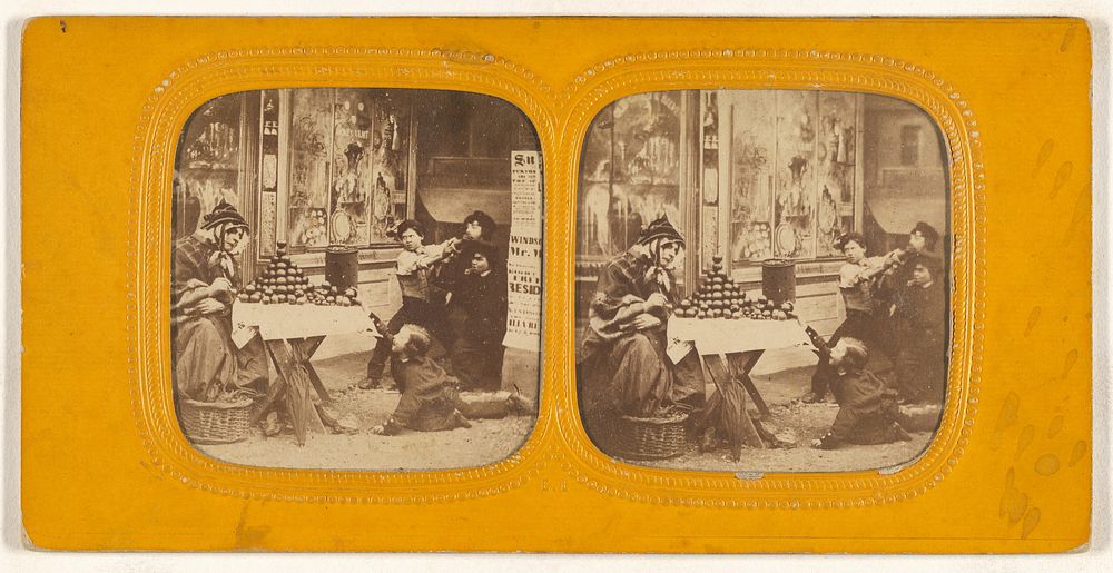 Street scene: woman selling apples, group of children nearby, one trying to steal an apple off the table by E Lamy