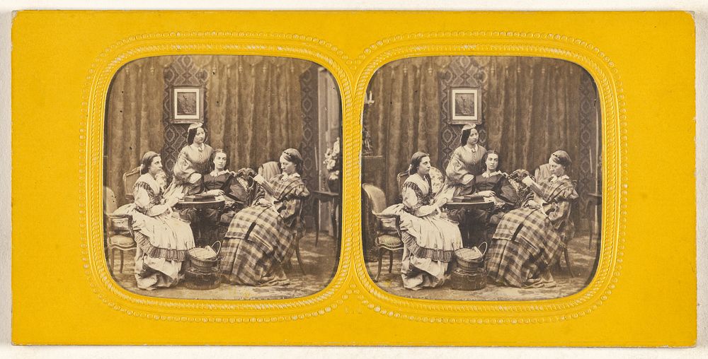 Genre parlor scene with four women by E Lamy