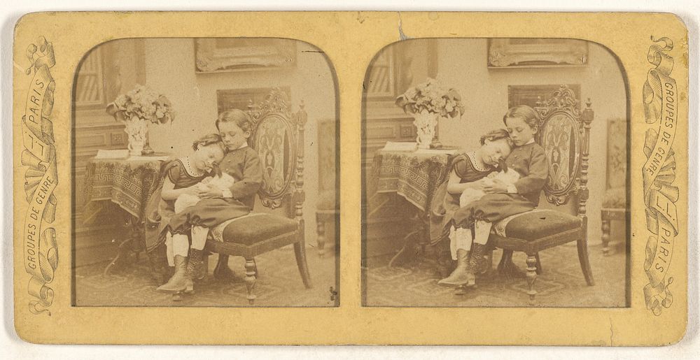 Groupes de Genre [little boy and girl cuddling on a chair] by Léon and Lévy