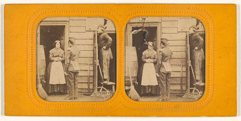 Woman talking to a man, another man standing on a chair peering at them over a door