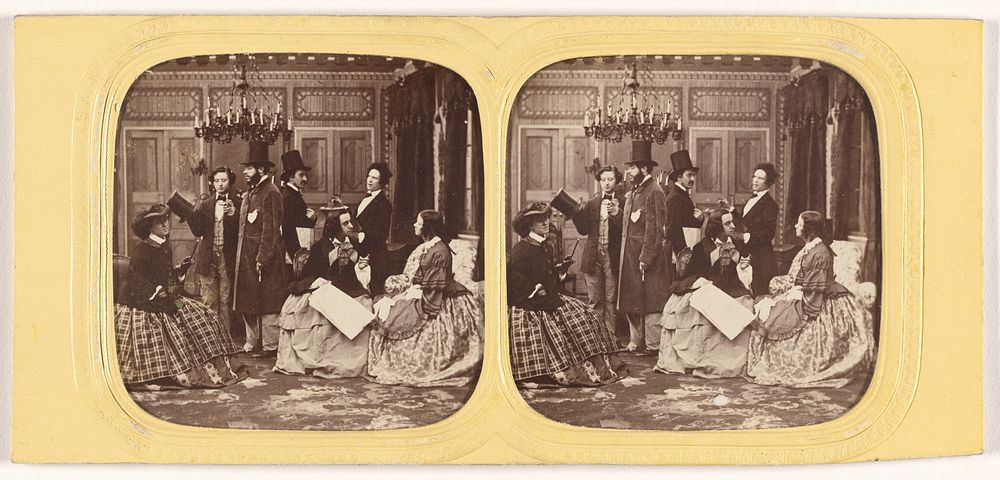 Parlor scene comprised of well-dressed people
