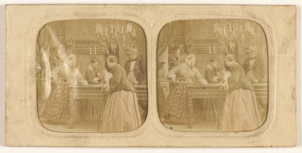 Three women playing billards, man in hat watching