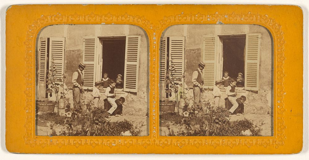 Three children playing leap frog, man behind them, two children observing from an open window