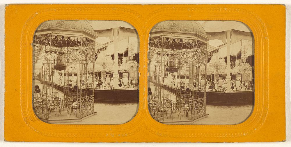 Interior of possibly the 1867 Paris Exposition displaying lighting fixtures
