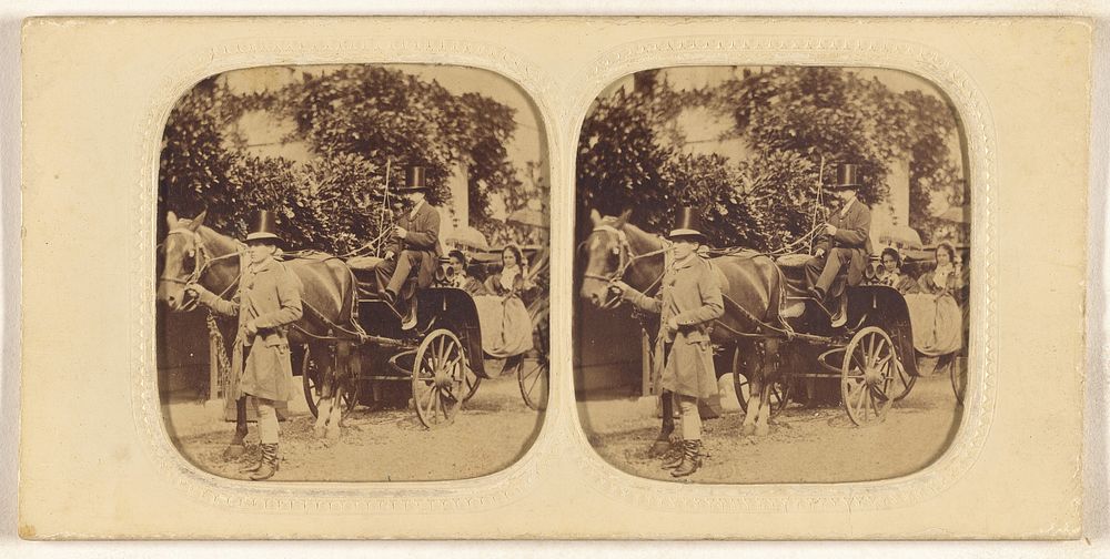 Two women in a horse-drawn carriage with two men drivers wearing top hats, one man standing by horse by LeBas