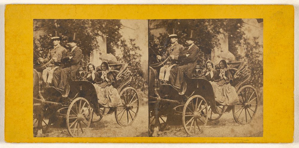 Two women in a horse-drawn carriage with two men drivers wearing top hats by LeBas