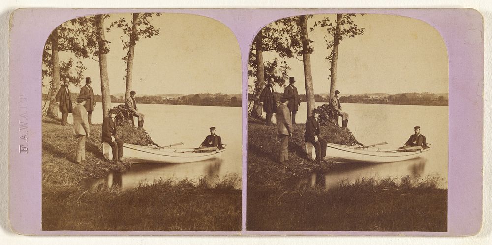 Boating scene: two men in rowboat, other men observing from river bank by F A Wait