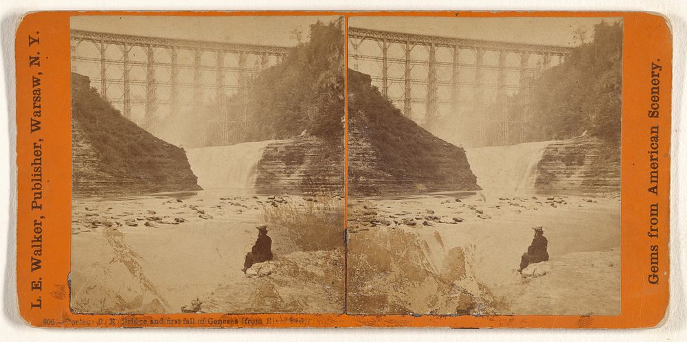 Portage R.R. Bridge and first fall of Genesee (from River bed) by L E Walker