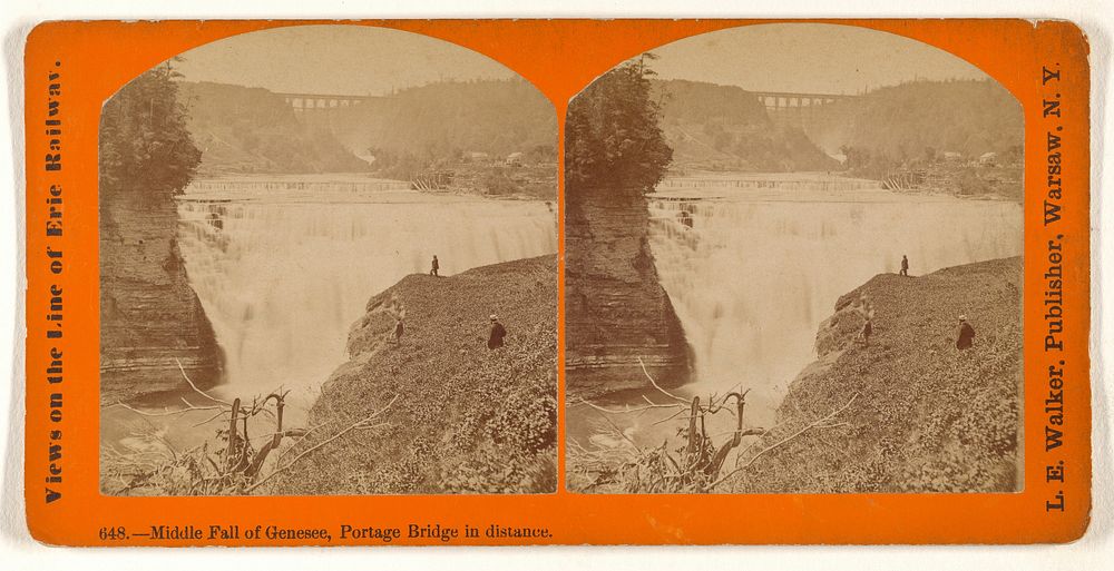 Middle Fall of Genesee, Portage Bridge in distance. by L E Walker