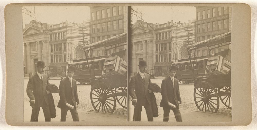 Albany, N.Y. street scene, two men in derbies walking past a vegetable cart by Julius M Wendt