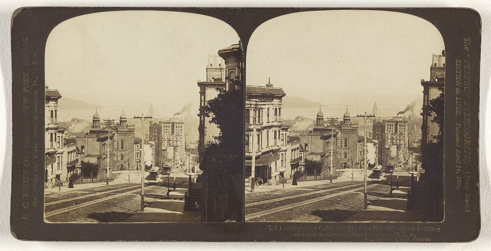 Looking down California St., from Nob Hill - Ferry Building and Bay in distance, San Francisco, U.S.A. by Hawley C White…
