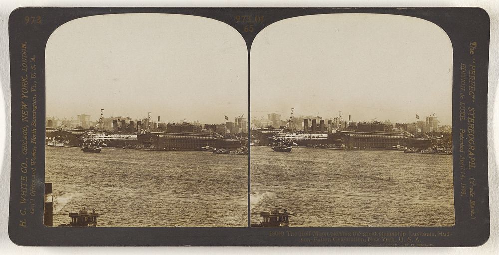 The Half Moon passing the great steamship Lusitania, Hudson-Fulton Celebration, New York, U.S.A. by Hawley C White Company
