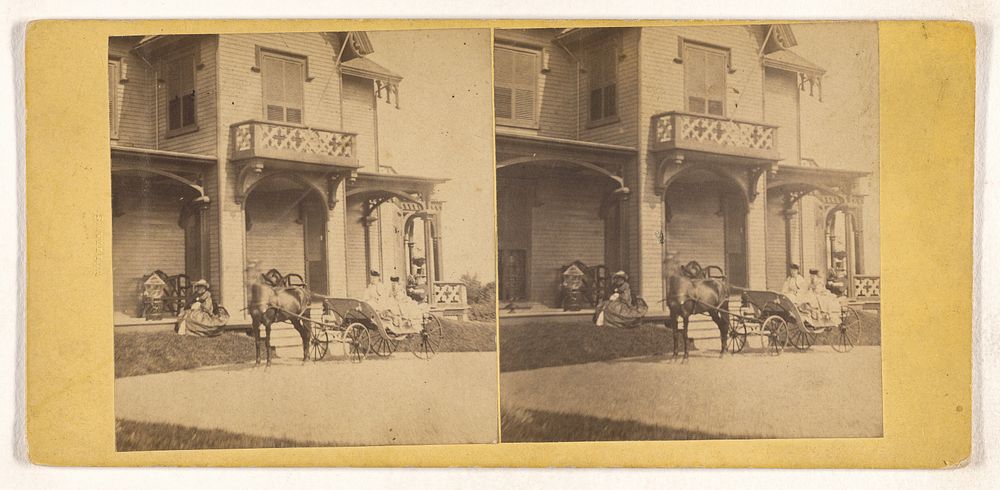 House, two women seated in horse-drawn carriage in front, another woman seated on porch by J A Williams